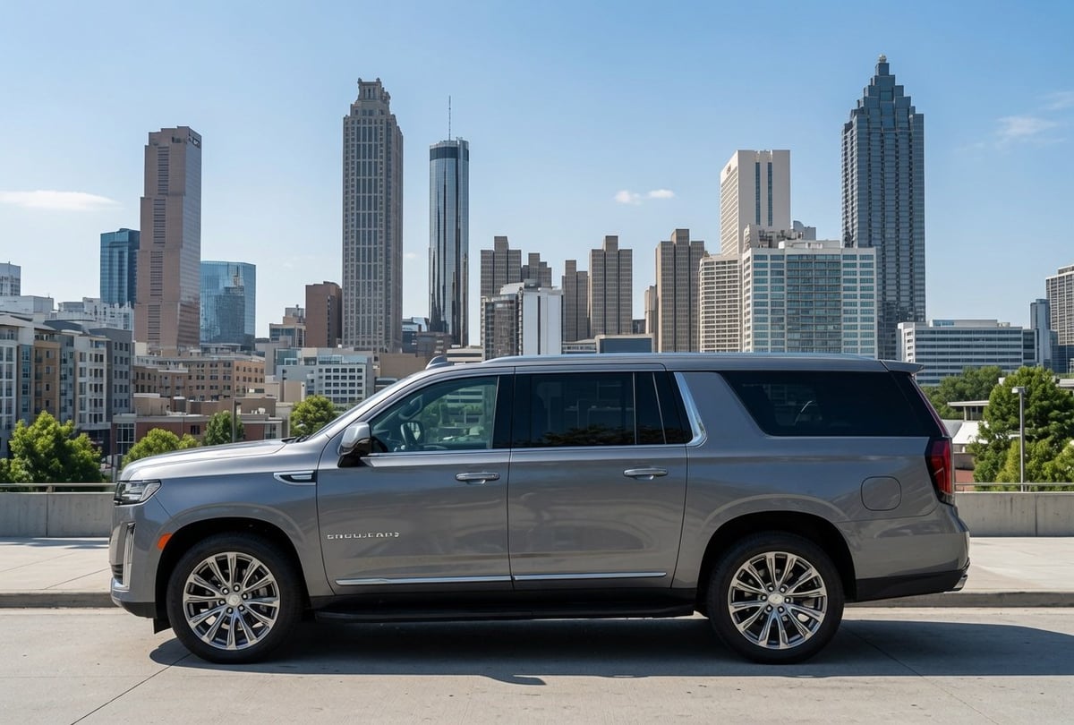 Silver full-size SUV parked on rooftop with Atlanta city skyline