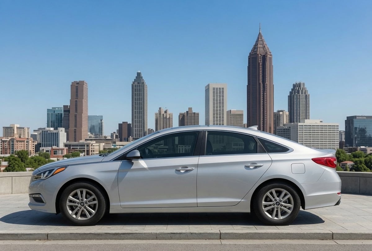 Silver sedan parked on rooftop with Atlanta skyline