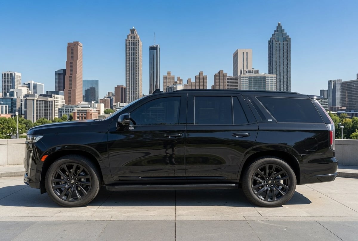 Black luxury SUV parked on rooftop with Atlanta skyline